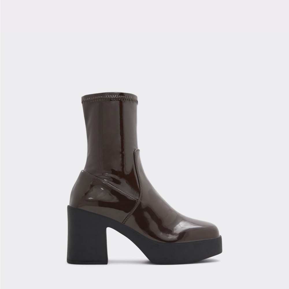 Aldo Brown Platform Heel Ankle Boots Shiny Leather